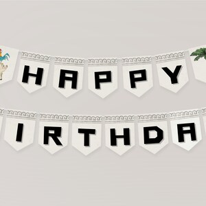 May include: A banner with the words "HAPPY BIRTHDAY" in black block letters on white pennants. The banner includes illustrations of a rooster and pig, and a palm tree. The banner is strung on a white string.