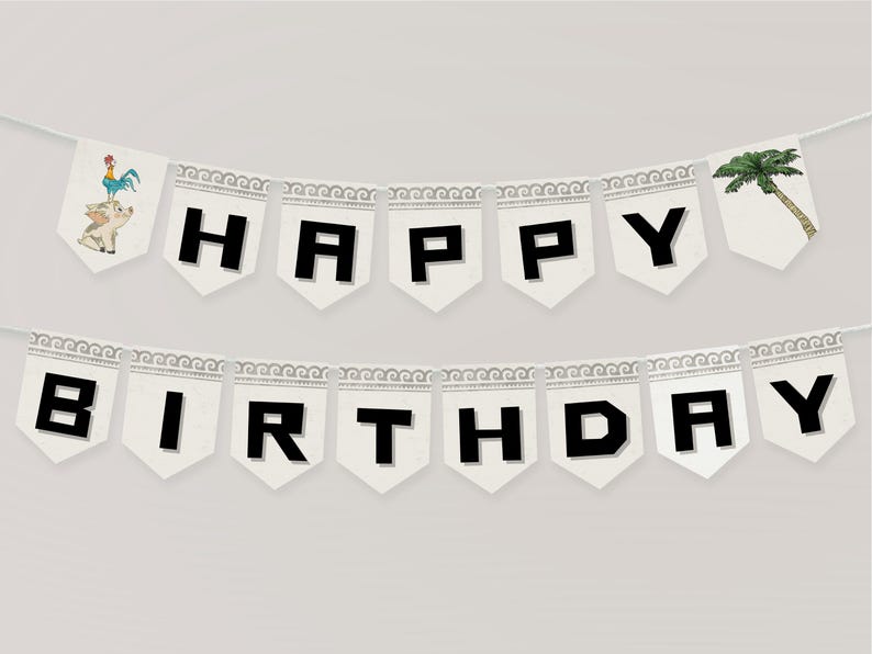 May include: A banner with the words "HAPPY BIRTHDAY" in black block letters on white pennants. The banner includes illustrations of a rooster and pig, and a palm tree. The banner is strung on a white string.