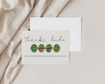Colorful hand drawn watercolor Turtle themed birthday thank you Greeting Card DIGITAL DOWNLOAD