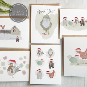 Cute Hand Drawn Watercolor Christmas Chickens Greeting Cards DIGITAL DOWNLOAD