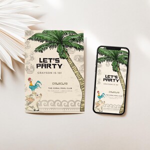 May include: A party invitation and a smartphone displaying the same design. The design features a palm tree, a rooster, and a pig, with the text "LET'S PARTY" and event details. The color palette includes green, beige, and blue.