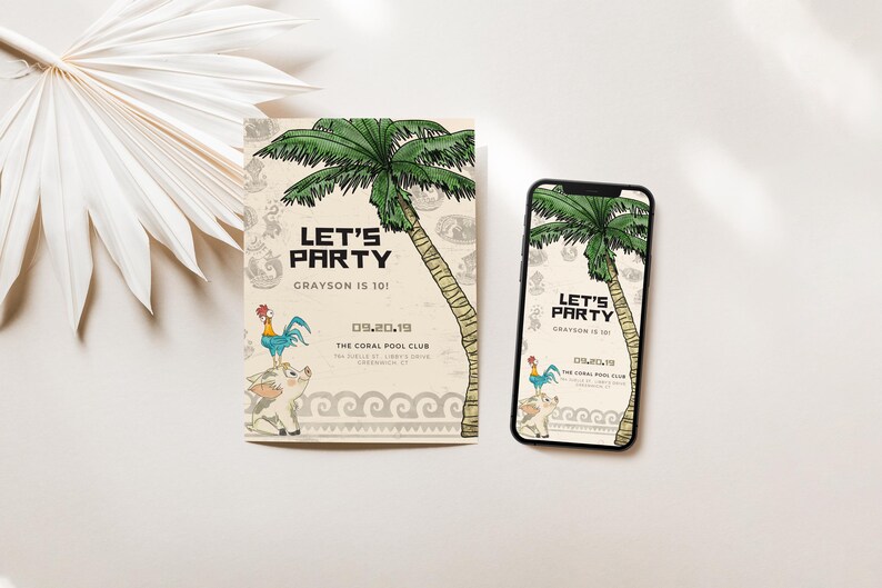 May include: A party invitation and a smartphone displaying the same design. The design features a palm tree, a rooster, and a pig, with the text "LET'S PARTY" and event details. The color palette includes green, beige, and blue.