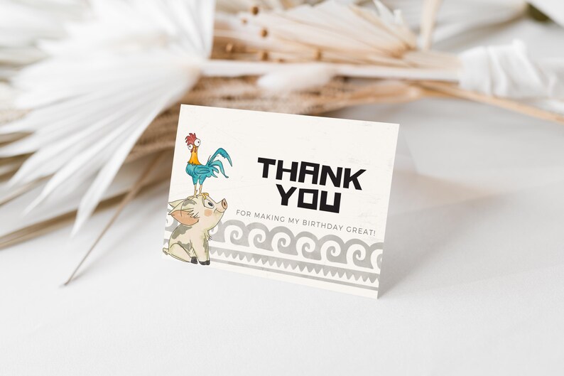 May include: A white card with the text "THANK YOU" in black, with the phrase "FOR MAKING MY BIRTHDAY GREAT!" below. The card features illustrations of a rooster and a pig. A decorative wave pattern is at the bottom.
