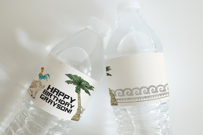May include: Two clear plastic water bottles with white labels. One label says "HAPPY BIRTHDAY GRAYSON!" with a cartoon pig, rooster, and palm tree. The other label has a wave pattern.