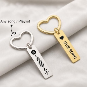 以下が含まれることがあります： ハート型のリングが付いた2つのキーホルダー。1つはSpotifyコードと「Any song / Playlist」の文字が入ったシルバー、もう1つは「OUR SONG」の文字とハートマークが入ったゴールドです。どちらも長方形のタグが付いています。