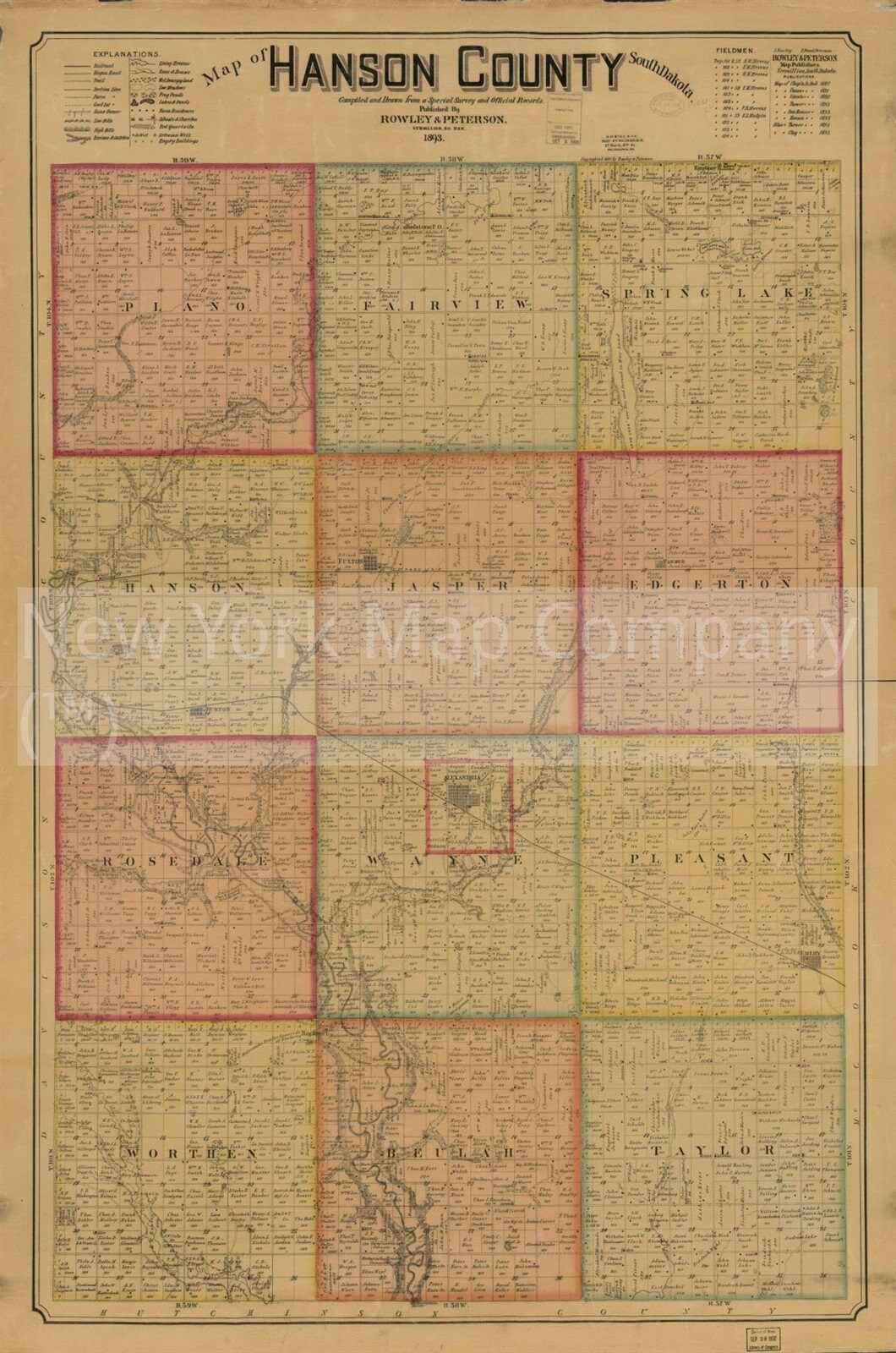 Map 1893 Map of Hanson County South Dakota Compiled and Etsy
