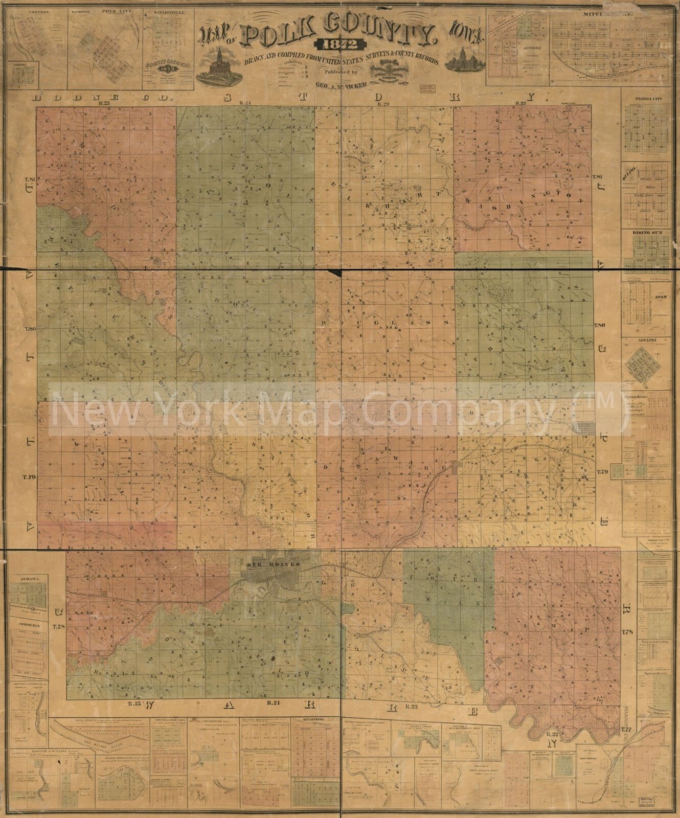 1872 Map of Polk County Iowa Cadastral Iowa Landowners Etsy