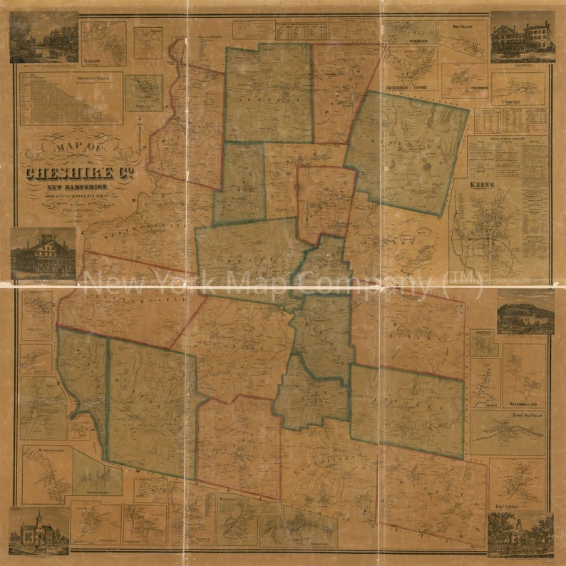 Map 1858 Map of Cheshire Co. New Hampshire Cadastral Etsy