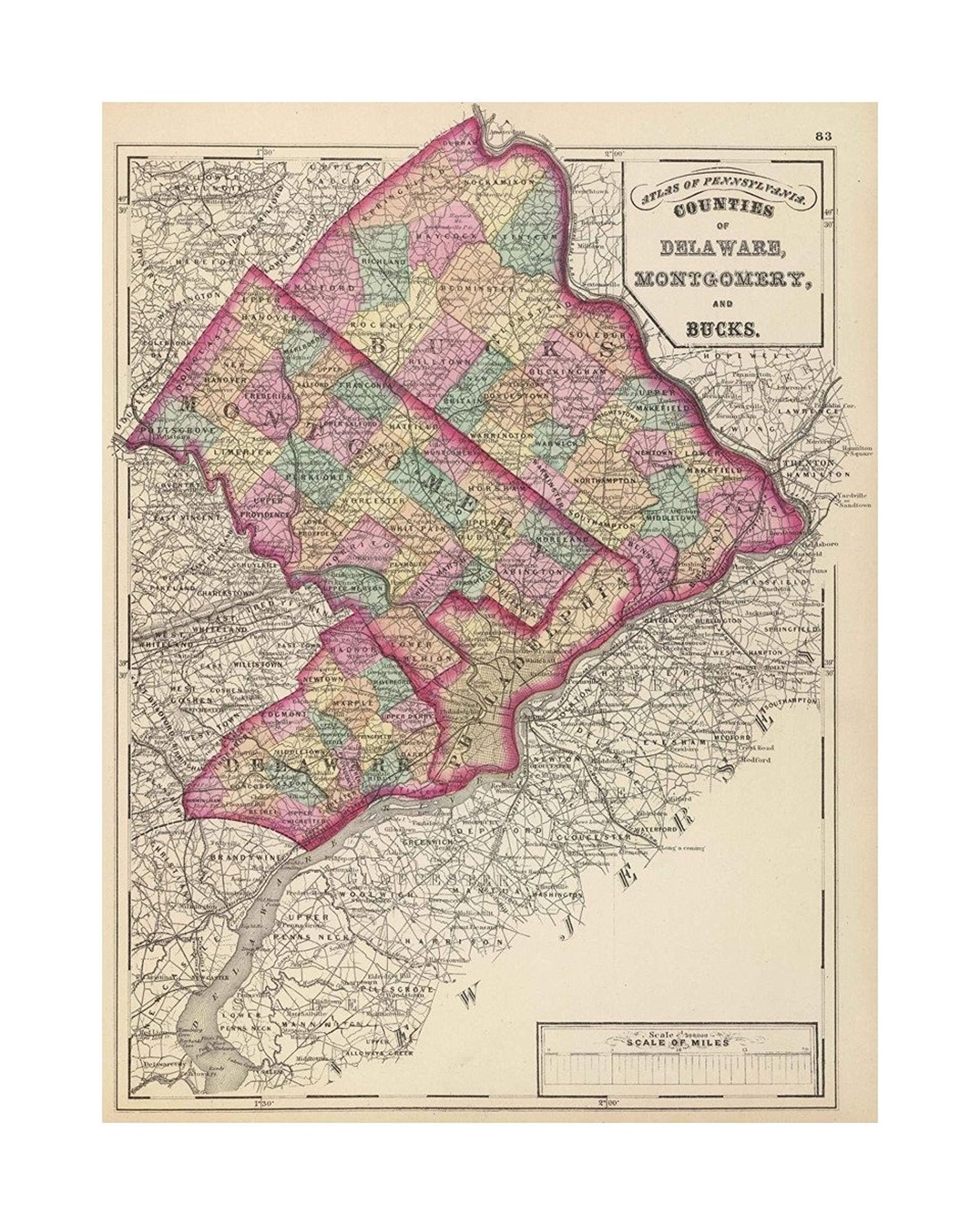 Map Counties of Delaware Montgomery and Bucks. Atlas of | Etsy