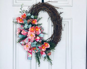 Pink and Teal Wreath Christmas Gift for Mom, Entryway Decor, Mantle Decor , Farmhouse Wall Decor. Wedding Gift