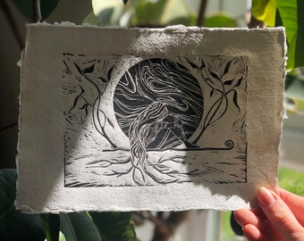 Original Lino Print - Limited Edition Celestial Linocut - Nature Wall Art - Yoga Abstract Picture - Hand Printed Relief - Recycled Paper