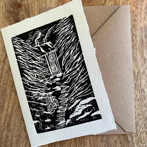 Lino Printed Blank Handmade Card - Cabin Postcard - Recycled Paper Notecard - Hand Printed Winter Scene - Kraft Envelope