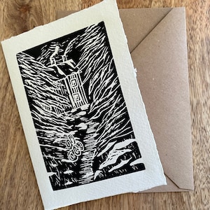 Carte faite main vierge lino imprimée - carte postale cabine - carte pour notes en papier recyclé - scène d'hiver imprimée à la main - enveloppe Kraft