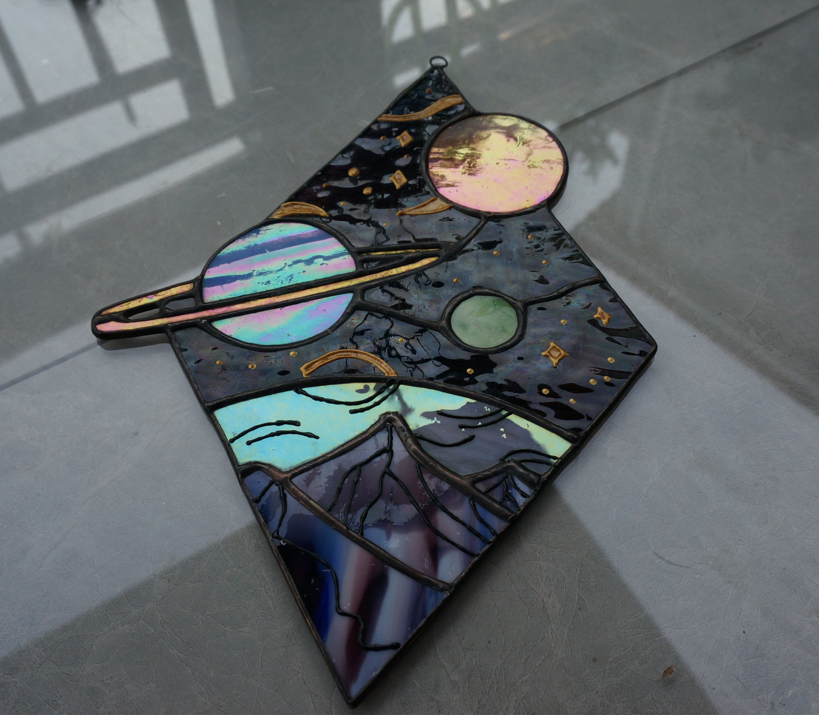 Mountain Galaxy Stained Glass Suncatcher: Celestial Window Decor