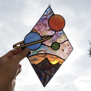 Mountain and galaxy stained glass panel hanging,Star suncatcher window hanging,galaxy wall window decor,christmas gift,housewarming gift