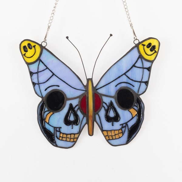 Halloween stained glass skull Butterfly window hanging,gothic Butterfly decor,unique Butterfly glass art