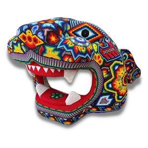 Giant JAGUAR HEAD Lined with Beads with HUICHOL Art, Mexican art, Mexican gifts.