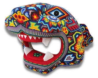 Giant JAGUAR HEAD Lined with Beads with HUICHOL Art, Mexican art, Mexican gifts.