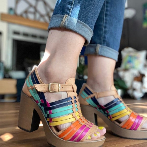 Open Toe BLOCK HEEL Leather SANDALS. Ankle strap Mexican Shoes. Fashion Colorful Shoes.