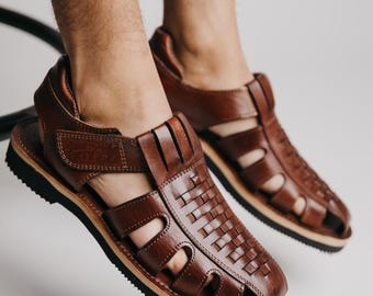 Men’s Woven Leather Mexican Sandals – Handmade Open-Toe Huarache, Hook and Loop Strap, Rubber Sole, Traditional Summer Shoes