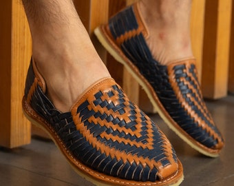 Men's Handmade Leather Slip-On Shoes – Mexican Huarache Style, Denim Look, Casual Comfortable Flats