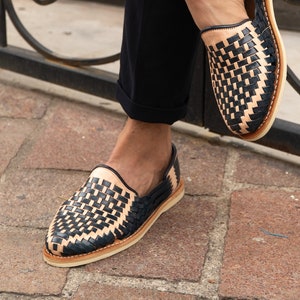 Handwoven Leather Shoes Made in Mexico - Two-Tone Blue & Natural Loafers, Light Heel Shoes, Breathable Huaraches - All Sizes