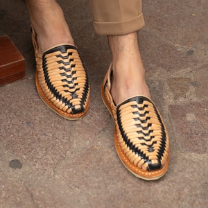 Handcrafted Men's Leather Shoes Handmade In Mexico - Slip-On, Woven Two-Tone Design, Black & Natural, Lightweight - Sizes 8US to 13US