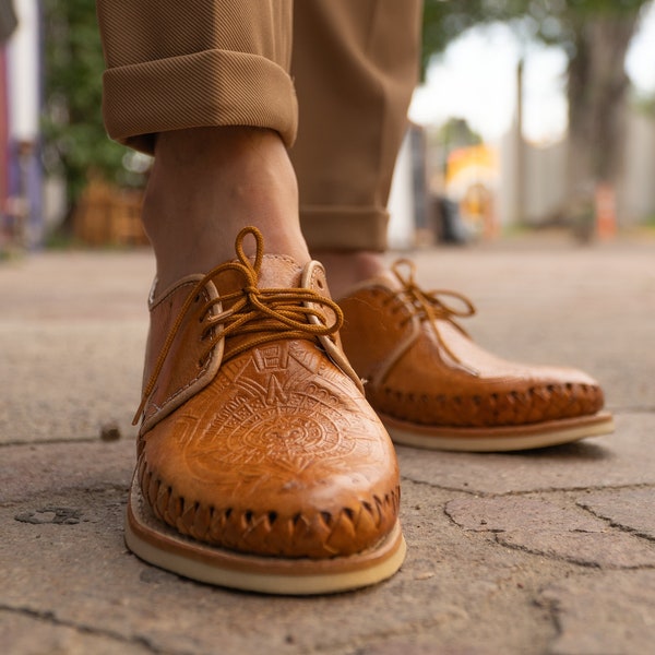 Handmade Genuine Leather Shoes - Aztec Calendar Design, Lace-Up, Coffee with Beige Edges, Light Heel - All Sizes