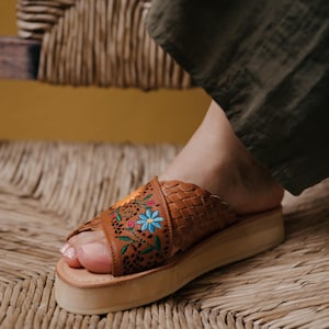 Slip-On Sandals for Women - Brown Color with Embroidered Detailing, EVA Platform Sole, Comfortable Fit