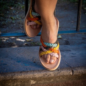 COLORFUL Leather SLIP ON Sandals. Comfortable Huaraches. Mexican Gifts. Leather Sandals. Beach Sandals. All Sizes Shoes