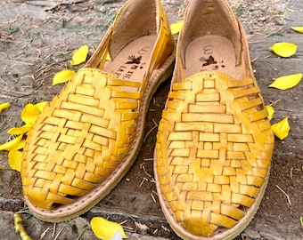 Yellow Leather Sandals. Mexican Artisan Huarache. Mexican Leather Shoes. Huarache Fashion. Mexican Style Shoes. Comfortable Flats for Woman. Etsy