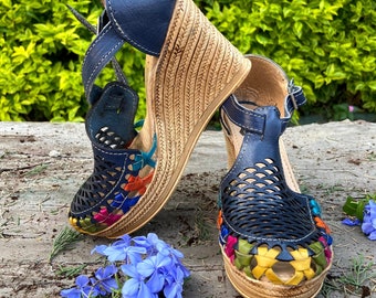 BLUE WEDGE SANDALS. Mexican Leather Sandals. Mexican Gifts. Gift For Her