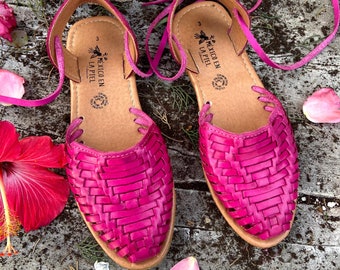 Lace up Huarache Sandals. Artisanal Mexican Pink Leather Flats. Pink Mexican Huarache. Cute Summer Sandals. All Sizes Shoes