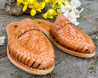 LEATHER SLIP ON Sandals in Brown Color. Mexican Gifts. Leather Womans Shoes. All Sizes