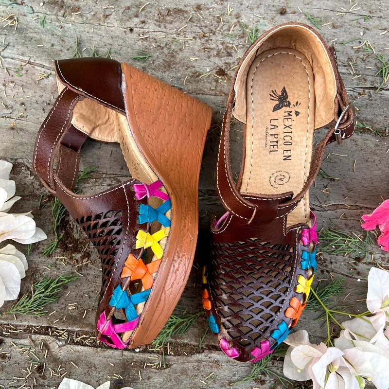 thumbnail image 2 of Handmade Mexican Leather High Heel Sandals For Women – Closed Toe, Multicolor Floral, Slip-On 2 of 3