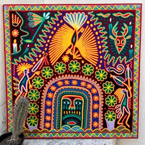 Shamán Huichol Yarn Paint. Mexican Huichol Art Painting To Wall Decoration. Mexican Yarn Art. Huichol Paint Size 24 x 24 Inches.