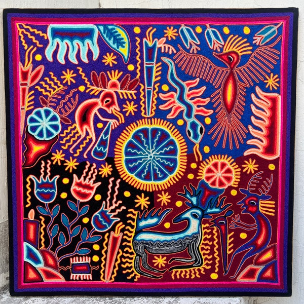 HUICHOL Arte PINTURA para decoración de pared. Pintura de hilo mexicano huichol. Arte en hilo huichol. Pintura Mexicana.