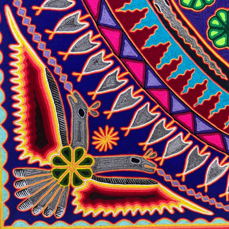 Cuadro de Arte Huichol Mexicano para Decoración de Pared Color Azul. Arte en hilo mexicano. Pintura Huichol Tamaño 48 x 48 imagen 5