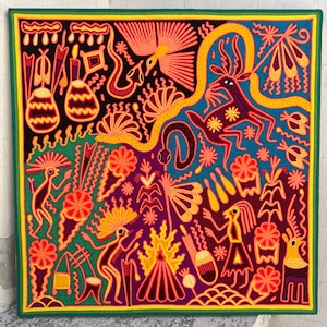 メキシコのウイチョル アート ペイントで壁を飾ります。ウイチョル メキシコ アート。ご自宅用のメキシコ ギフト。ウイチョル ペイント サイズ 24 x 24 インチ。