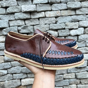 Handmade Men&#39;s Leather Shoes - Lace-Up, Mocha with Blue Accents, Elegant Flats, Breathable - Sizes 8US to 13US - Made in Mexico