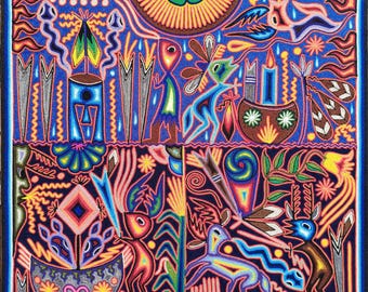 Mexican Huichol Yarn Painting. Huichol Art Paint To Wall Decoration.  Mexican Art. Huichol Paint 24" x 24"| Birth of the Milpa