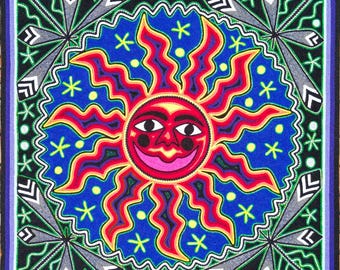 HUICHOL YARN Painting to Home DECORATION with Peyotes Desing. Mexican Huichol Art Picture To Wall Decoration. Sun