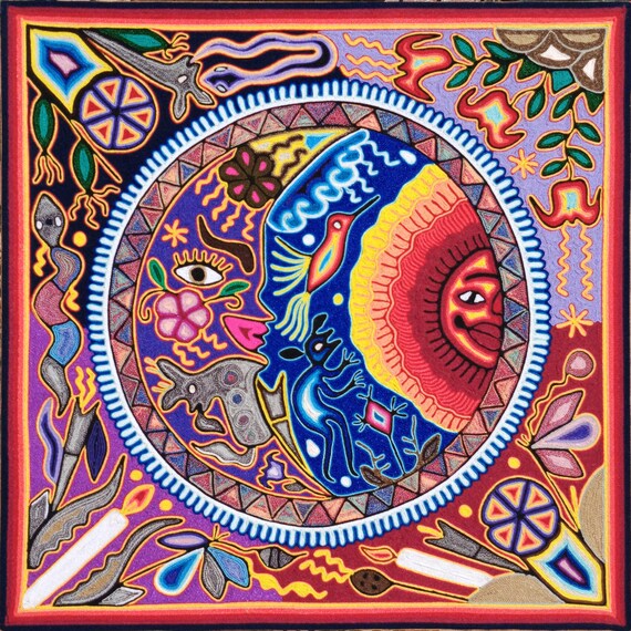 Huichol Yarn Art Wall Decor - 24x24 Inches - Mexican Handmade Thread Painting - Wixárika - Moon Sun