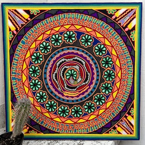 HUICHOL YARN PAINTING. Mexican Huichol Art Picture To Wall Decoration. Mexican Huichol Yarn Art. Huichol Paint Size 24 x 24 in