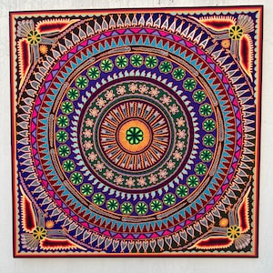 Colorful Big Mexican HUICHOL Yarn PAINTING for Wall decoration of 48 x 48 inches (120 x 120 cms) with a PEYOTE Center