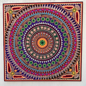 Cuadro de Arte Huichol Mexicano para Decoración de Pared Color Azul. Arte en hilo mexicano. Pintura Huichol Tamaño 48 x 48 imagen 1