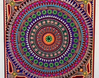 Colorful Big Mexican HUICHOL Yarn PAINTING for Wall decoration of 48 x 48 inches (120 x 120 cms) with a PEYOTE Center