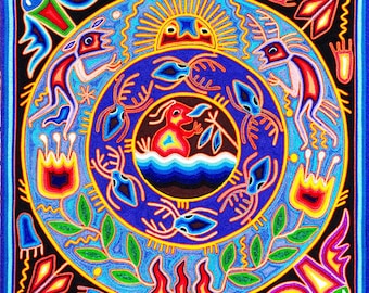 メキシコの毛糸のペイント。壁の装飾に最適なウイチョル族の絵画