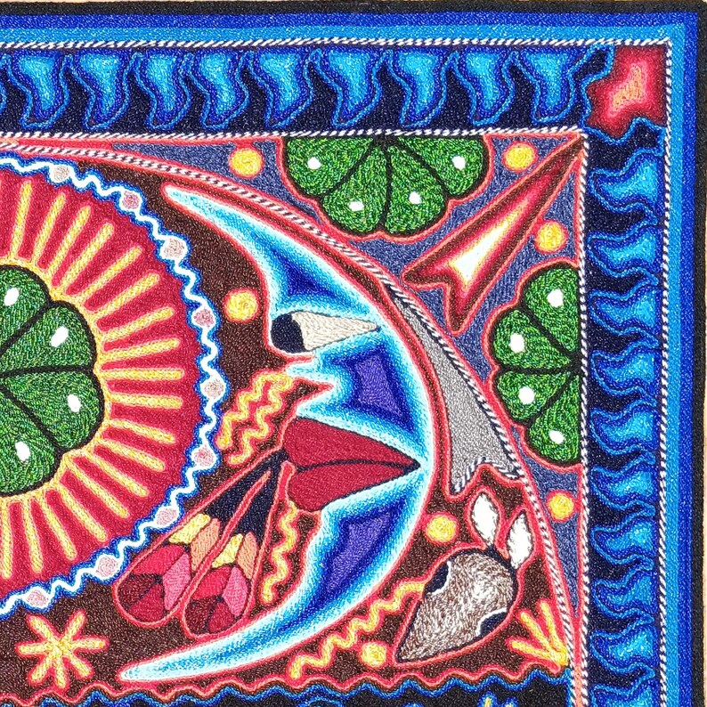 Huichol Yarn Art Wall Decor - 24x24 Inches - Mexican Handmade Thread Painting - Wixárika - Hikuri Moon image 5