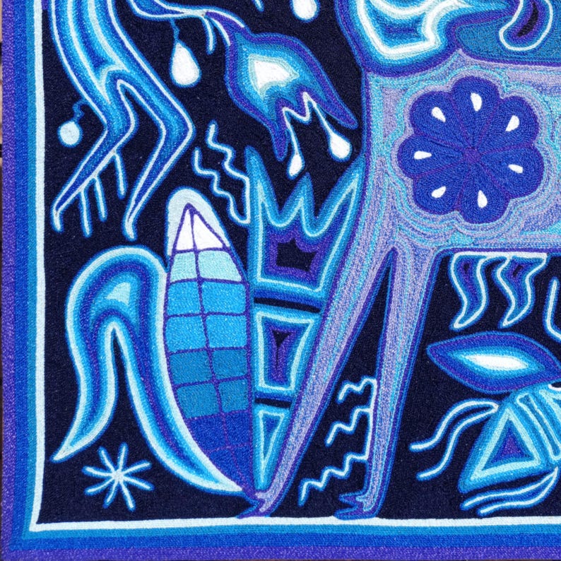 Mexican Huichol ART PAINTING To WALL Decoration. | Blue Deer | Huichol Mexican Yarn Paint. Mexican Art. Huichol Paint Size 24 x 24 Inches. image 6